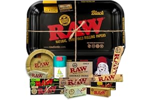 THE BOAT Rolling Tray Raw black 27.5 x 17.5 cm + Airtight Tin + RAW ashtray + Raw papers Kingsize Organic, Black, Classic, 5 meters + Tips + Raw Cones Kingsize + Stickers – Gift for smokers