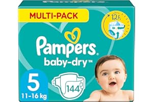 Pampers Couches Taille 5 (11-16 kg), Baby-Dry, 144 Couches Bébé, Multi Pack, Jusqu'à 12h Bien Au Sec et Avec Double-Barrière Anti-Fuites