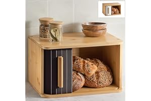 PRAKNU Panera de Madera Pequeña - Con Puerta Corredera – Panera Bambú FSC® para Guardar el Pan 33 X 23 Cm – Ahorra Espacio - Elegante Para Una Frescura Prolongada - Negro