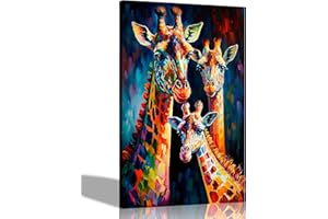 Artley Prints - Giraffe Family Colourful Canvas Wall Art for Living Room - Framed Abstract Pictures to Hang in Bedroom, Hallway 40 x 30cm (16 x 12 inches) A3