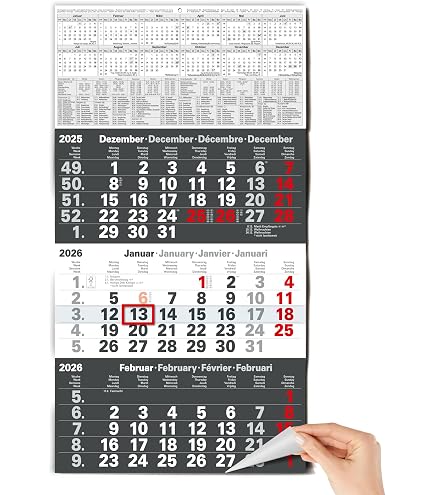 Calendrier Mural 2026 - Format 24x45 Cm, Vue Sur 3 Mois, Curseur De Date, 4 Langues (DE/EN/FR/ES), Avec Comptage Des Semaines