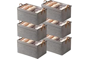 AARAINBOW Closet Organizer Bins 6 Pc, Fabric Storage Box Stackable Shelf Organizer Bins, Foldable Closet Shelf Storage Container with Lid & Steel Frame, 23L (6 Gray with Lid)