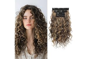 REECHO Curly Hair Extensions, 4PCS 16 inch Clip in Hair Extensions Lace Weft Short Curly Hair Extensions Clip Ins Invisible Natural Hairpieces for Women, Chocolate Brown with Highlights