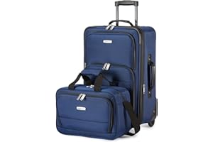 Amazon Basics 2-Piece Softside Suitcase, Expandable Carry-On Luggage (58 cm) and Tote Bag (25 cm), Lightweight 100% Polyester, Stackable Luggage Set, Navy Blue