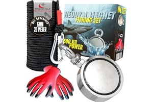 MAGNET-KAUF Kit de pêche magnétique en néodyme - Force de traction de 500 kg - Aimants de montagne - Avec corde de 20 m - Gants imperméables pour la pêche à l’aimant - 75 mm