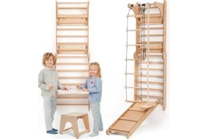 GOODEVAS 6-in-1 Wooden Swedish Wall & Slide Set – Versatile Indoor Climbing Frame for Kids, Includes Ladder, Slide Board, Monkey Bars and art addition – For Ages 2-12
