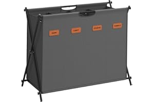 SONGMICS Cesto Portabiancheria, Porta Biancheria Sporca da 155 L, 4 Scomparti, Struttura Pieghevole a X, con Etichette, per Lavanderia Bagno Camera da Letto, Grigio Ardesia LCB140G01