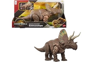 Mattel Jurassic World: Odrodzenie Dinozaur Gigantyczny atak Eotriceratops Figurka dinozaura z 2 atakami aktywowanymi ogonem, zabawka dinozaur dla dzieci, zabawa realna i wirtualna, JGB93