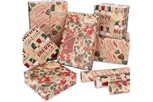 Larcenciel 3 Rollos de Papel Regalo Navidad Kraft, Papel de Regalo Vintage + Etiqueta + Pegatina + Cuerda de Yute, Papel Kraft Marron con Dulces de Piñones, Hojas de Árbol para Año Nuevo, 43cm x 3m