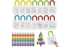 Cragmut 28 Stück Stoffbeutel Zum Bemalen Anzug, 14 Stück Taschen Zum Bemalen für Kinder und 14 Stück Stapelbare Wachsmalstifte(7 Farben in 1), für DIY, Kindergeburtstag, Gastgeschenke