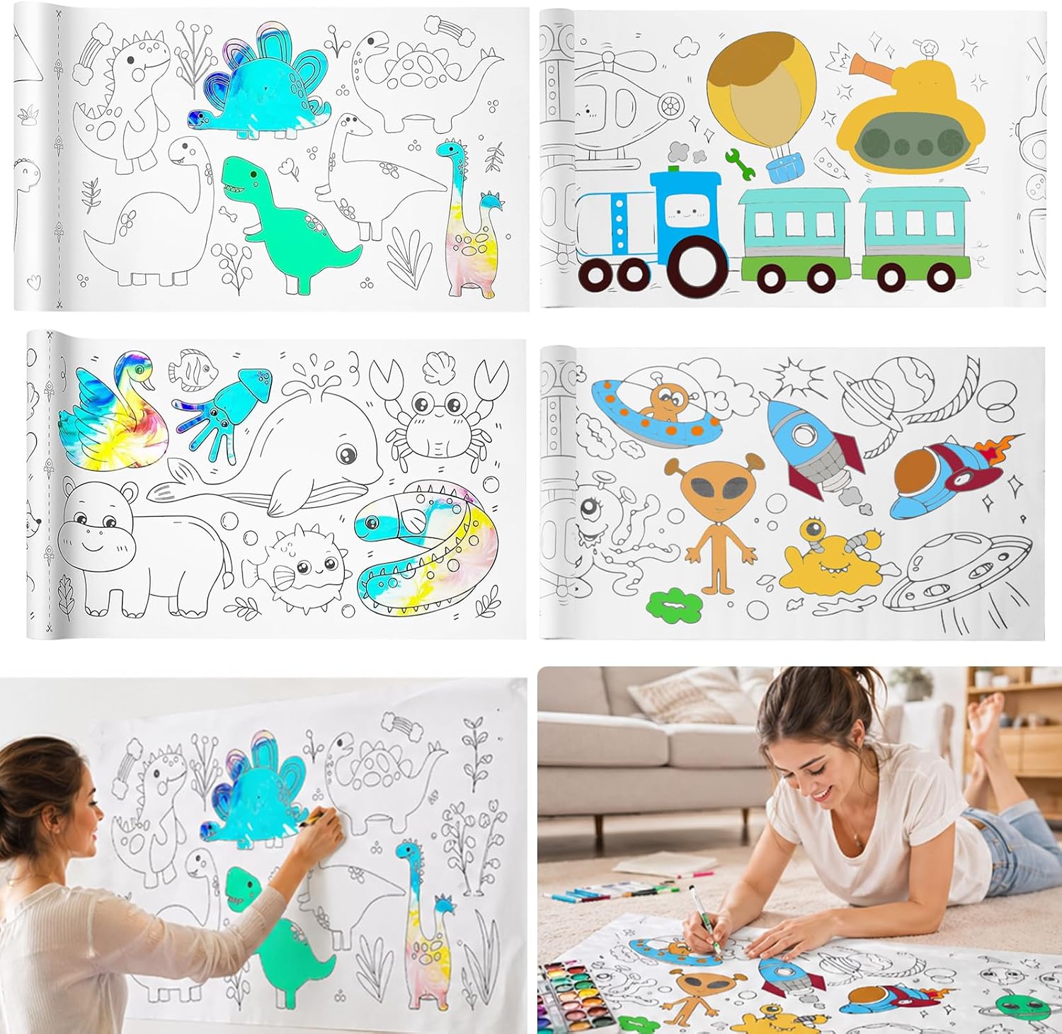 4 rollos de papel, papel de pintura, rollo de dibujo, 300 x 30 cm, papel de relleno de color para colorear pintura DIY (animales, dinosaurios, tráfico, espacio）