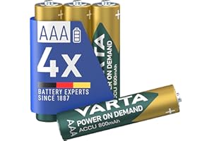 VARTA Batterien AAA, wiederaufladbar, 4 Stück, Power on Demand Recharge Accu, Akku, 800 mAh Ni-MH, ohne Memory Effekt, vorgeladen, in umweltschonender Verpackung, sofort einsatzbereit