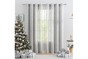 Treatmentex Visillos Salon Translúcidos y Cortinas Dormitorio, Cortinas Salon 2 Piezas 136x225cm, Textura Lino Gris Transparente con Ojales para Oficina​
