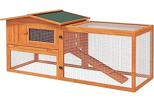PawHut Rabbit Hutch with Run Wooden Guinea Pig Hutch Outdoor Bunny Cage Hide House with Sliding Tray, Hay Rack, Ramp, 156 x 58 x 68cm, Orange