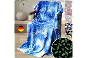 Emilie-Textil Fluffy Children's Blanket, Cuddly Blanket with Luminous Motifs such as Unicorn, Dino, Space and Gaming - Soft Fleece Blanket for Girls and Boys (Blue Space, 200 x 150 cm)