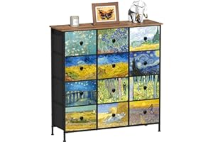 VEDECASA Komoda do sypialni, szafka z 12 szufladami z materiału, Van Gogh, wieża do przechowywania, do salonu, pokoju dziecięcego, korytarza, biura, metalowa rama, płyta drewniana, komoda z tkaniny