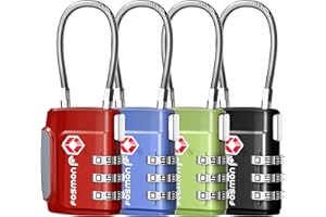 Fosmon TSA Accepted Cable Luggage Locks, 3 Digit Combination with Open Alert Indicator, Alloy Body and Release Button for Travel Bag, Suit Case & Luggage (4 Pack) - Black, Green, Red and Blue