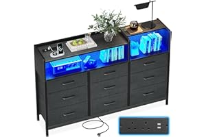 ODK Black Chest of Drawers Bedroom, Dresser Cabinet with 2 Sockets, 2 USB Ports and 10 Colored LED Strips, Chest Drawers with Shelf 9 Fabric Drawers for Bedroom Living Room, 130 * 30 * 97cm