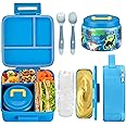 JXXM Bento Lunch Box for Kids With 8oz Soup thermo,Leak-proof Lunch Containers with 5 Compartment,thermo Food Jar and Lunch Bag, Food Containers for School (A-Blue(Dinosaur))