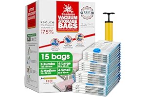 SPEDALON Vacuum Storage Bags - Pack of 15 (3 Jumbo + 4 Large + 4 Medium + 4 Small) ReUsable Space Savers with Free Hand Pump for Travel Packing | Vacuum Bags for Clothes, Duvets, Mattress, Bedding, Sweater