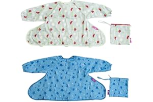 Tidy Tot®™ Cover & Catch™ 2 Pack Weaning Bib with Sleeves. Attach to Highchairs with Suction for Mess Proof Baby Feeding. 2 Waterproof Long Sleeved Bibs. Coverall BLW Bibs. Travel Bags Included.