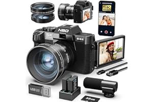 NBD Appareil Photo numérique 5K 64MP avec autofocus, Zoom numérique 16x, Écran IPS 3" 180°, WiFi + Lentille Grand Angle/Macro + Micro Externe + Carte 64GB + 2 Batteries(Noir)