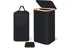 EESSENTIA 100L Large Laundry Basket with Lid - Foldable Clothes Hamper with Bamboo Handles & Removable Laundry Bag, Heavy Duty Laundry Hamper for Bedroom, Bathroom, Dorm, Laundry Room - Black
