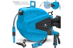 KESSER® Enrollador de mangueras Agua | Ducha de mano múltiple | Giratorio 180° | Tapón de rebobinado | Montaje en la pared | Caja de mangueras de pared | Manguera de jardín, azul 20 M