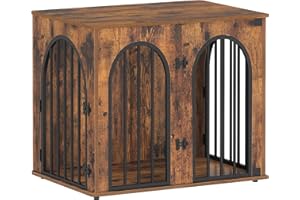 Hzuaneri Dog Crate Furniture, 68 cm Wooden Dog Crate, Indoor Kennel for Small Dogs, End Side Table Animal Crates, Anti-Chew, Anti-Escape, Arched Door Design, Rustic Brown DFC85501B