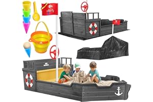 KIDIZ® AHOI Sand Pit, Pirate Ship, Boat, Sailing Ship Made of Wood, Including Cover, Ground Sheet, Bench, Flag Pole, Toys, Large Children's Sandbox for the Garden, Outdoor Sandbox, Anthracite