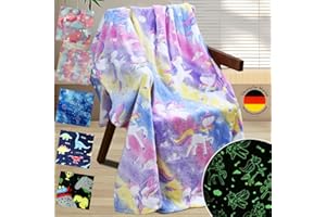 Emilie-Textil Flauschige Kinderdecke, Kuscheldecke mit leuchtenden Motiven wie Einhorn, Dino, Weltraum und Gaming - Weiche Fleecedecke für Mädchen und Jungen, (Streifen Einhorn, 150X130)