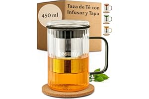 Cosumy Taza para Infusiones con Tapa y Filtro, 450ml - Vaso de Té de Vidrio Borosilicato con Asas de Colores y Posavasos de Corcho (Negro)