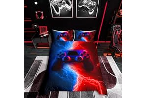 Homewish Gamer Gaming Bedding Sets Single Size,Lightnings Gamepad Duvet Cover, Video Games Comforter Cover for Kid Teens Boys and girls Man, Modern Bedroom Decor 2 Pcs Bedding Set,Red Blue