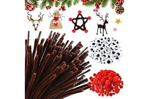 ZMYSQ 400 Cure Pipe Chenille marron artisanat, 100 Cure-Pipes de Noël loisirs creatifs en fil de chenille 150 pompons rouge 150 yeux mobiles autocollants, kit de créatif cure-pipes marron pour enfant DIY