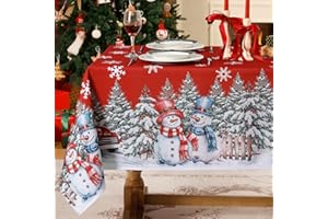 Softalker Nappe de Noel Grande Taille rectangulaire 150x300 cm Rouge Nappes noël Anti Tache avec Flocons de Neige Bonhomme de Neige Blanc et Sapin de Noël idéale pour fête,Jardin,Exterieur,Cuisine