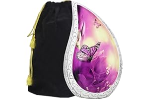 M MEILINXU Teardrop Decorative Urns, Funeral Cremation Urns for Human Ashes - Display Burial at Home or in Niche at Columbarium, Engraved Aluminum Urns for Ashes Adult Female, Purple Tulips & Butterflies -Large