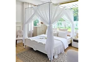 AIKASY Elegant Lace Princess 4-Poster Bed Canopy Mosquito Net - Romantic Wedding Bridal Bedroom Decor, Kids Room Bed Curtain for Women Adults - (White-3,Full)