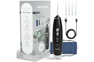 NEOPULSE® My First Jet Dentaire Ultra-Compact - Hydropulseur 2 en 1-4 Canules, 6 Pressions Réglables, 165ml Réservoir Amovible - Élimine Plaque Dentaire, Nettoie les Appareils Orthodontiques - Noir