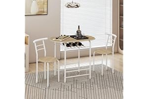 FURNITABLE Set da pranzo da 3 pezzi, per 2 persone, con 1 tavolo da pranzo e 2 sedie, tavolo da cucina con vano portaoggetti, tavolo da pranzo, braccioli, set da pranzo, colore legno e bianco, 90 cm