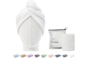 ENETIX Lot de 2 Serviettes de séchage en Microfibre pour Femme, 25 x 70 cm, Super absorbantes, Anti-frisottis, séchage Rapide, avec Bouton, Blanc