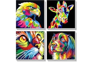 SENQAO Paint by Numbers Kit for Adults & Kids, 4 Pack Colorful Animal Kits on Canvas Framed, Color by Numbers for Home Decor 8x8in