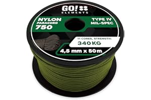GO!elements Paracord 750 Tipo IV | Corda in Nylon 100% Resistente e Estremamente Stabile | ø 4,5 mm - 11 Nuclei - Max. 340 kg | Corda Multifunzionale e reepsnoer per Sopravvivenza, Campeggio