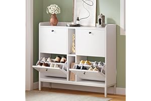 YITAHOME Zapatero Estrecho con 4 Solapas, 108 x 27,5 x 97,5 cm para 16 Pares de Zapatos con 2 estantes Abiertos, Zapatero Blanco, Armario para Pasillo, cómoda para Zapatos en el Pasillo