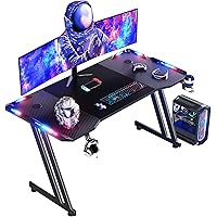 HLONONE 140 x 60cm Scrivania Gaming LED, Tavolo Gaming Ergonomica, Postazione Gaming con Piano del Tavolo in Fibra di Carboni