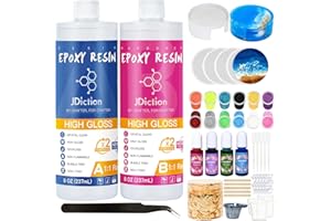 JDiction Epoxidharz-Untersetzer-Set – 474 ml, kristallklares Epoxidharz-Set mit Untersetzerformen und Halter, Harzpigment, Harzglitter, Goldflocken, Epoxidharz-Starter-Set für Untersetzer