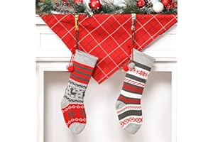 VALERY MADELYN Weihnachtsstrümpf 46cm Gestrickte Wolle 2er Set Weihnachtsstiefel zum Befüllen und Aufhängen Nordische Stimmung Thema für Weihnachten Deko - Rot Grau MEHRWEG Verpackung