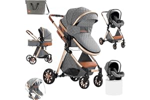 Sianldcone Poussette 3 en 1, Tissus Haut de Gamme Poussette Bebe, Poussoir Bidirectionnel Poussette Avec Cosy, Vision Buverte Poussettes Combinées (V9 Chocolate)