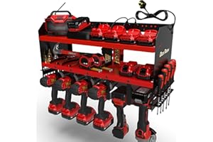 Toolganize Power Tool Organiser, Storage Rack with Power Strip Charging Station, Heavy-Duty for Workshop & Garage Tools - 6 Slot, Milwaukee Red.