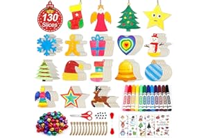 Shuttle Art 360 PCS Unfinished Wooden Ornaments, 130 PCS Wood Slices for Crafts, with 13 Styles Wooden Christmas Shapes for Crafting, Jute Twines, Bells and Markers, DIY Christmas Hanging Decoration