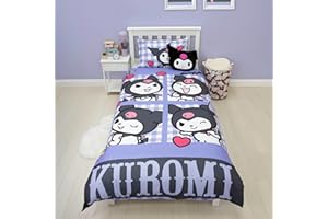 CHARACTER WORLD Set copripiumino singolo con licenza ufficiale Hello Kitty Rebel Design | Biancheria da letto Kuromi reversibile a 2 lati con federa coordinata | Perfetto per la camera dei bambini | Policotone